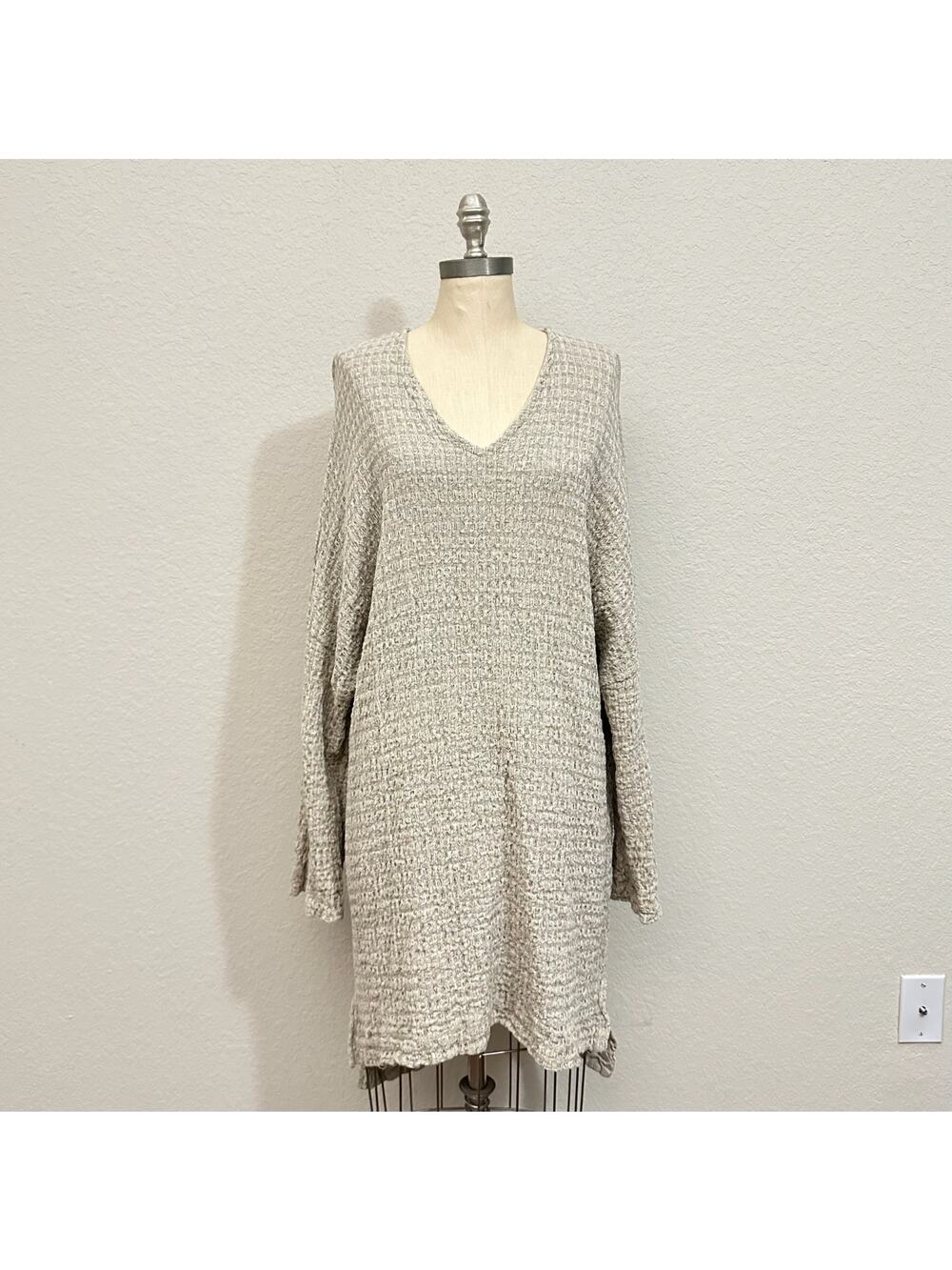 CROWN LINEN DESIGNS Dress Beige Textured Waffle Linen Hi-Low Lagenlook
